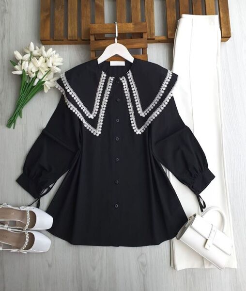 PESEH DANTELLİ ÇİFT PELERİN YAKA SALAŞ GÖMLEK TUNİK 5730-01-SİYAH - 1