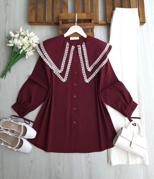 PESEH DANTELLİ ÇİFT PELERİN YAKA SALAŞ GÖMLEK TUNİK 5730-04-BORDO - 1