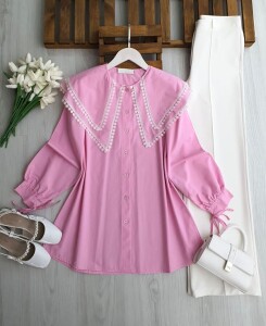 PESEH DANTELLİ ÇİFT PELERİN YAKA SALAŞ GÖMLEK TUNİK 5730-05-PUDRA - 