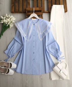 PESEH DANTELLİ ÇİFT PELERİN YAKA SALAŞ GÖMLEK TUNİK 5730-10-MAVİ - 