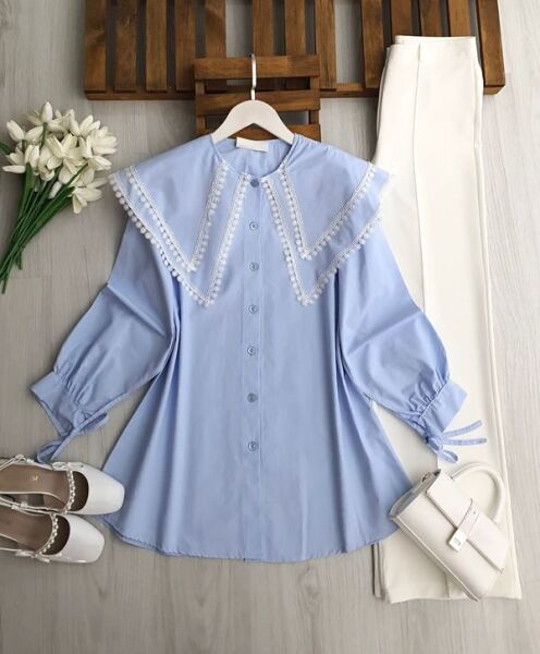 PESEH DANTELLİ ÇİFT PELERİN YAKA SALAŞ GÖMLEK TUNİK 5730-10-MAVİ - 1