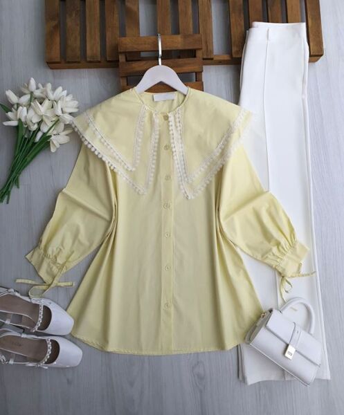 PESEH DANTELLİ ÇİFT PELERİN YAKA SALAŞ GÖMLEK TUNİK 5730-23-SARI - 1