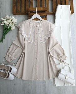 PESEH DANTELLİ ÇİFT PELERİN YAKA SALAŞ GÖMLEK TUNİK 5730-34-BEJ - 