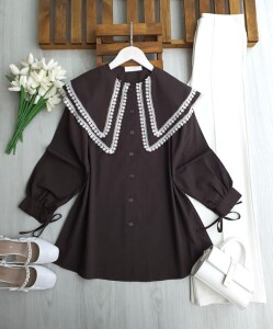 PESEH DANTELLİ ÇİFT PELERİN YAKA SALAŞ GÖMLEK TUNİK 5730-37-KAHVE - 