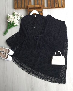 PESEN FLOK BASKILI ASTARLI TÜL ETEKLİ TAKIM B9-4-1739-01-SİYAH - 