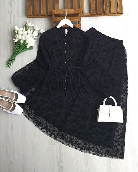 PESEN FLOK BASKILI ASTARLI TÜL ETEKLİ TAKIM B9-4-1739-01-SİYAH - 1