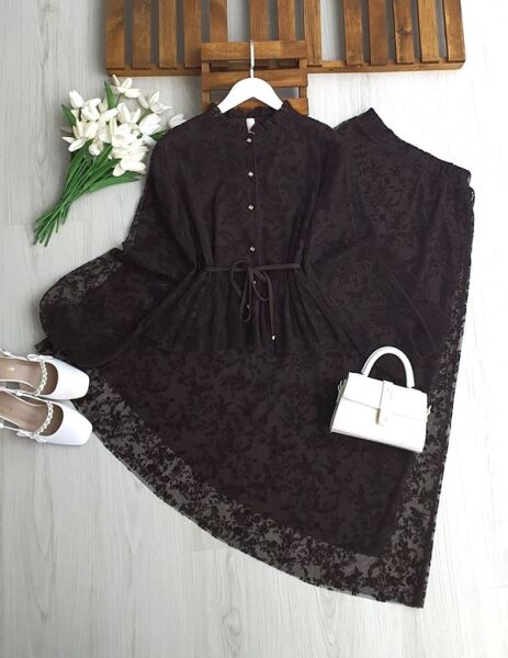 PESEN FLOK BASKILI ASTARLI TÜL ETEKLİ TAKIM B9-4-1739-37-KAHVE - 1