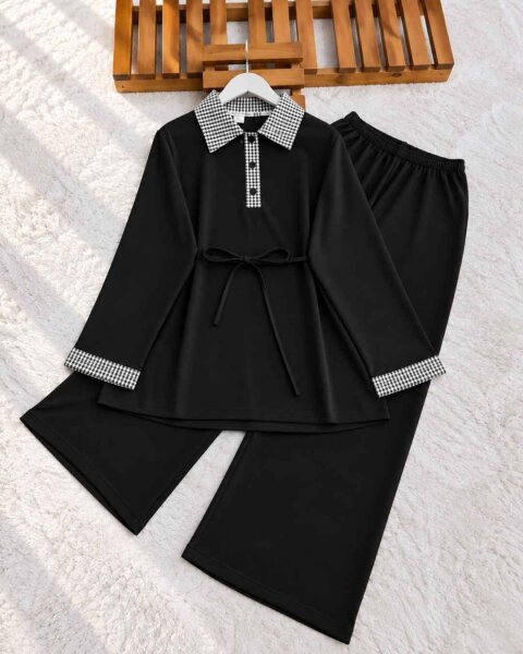 PESSE EKOSE GARNİLİ PATLI TUNİK BOL PANTOLON İKİLİ TAKIM B7-4-10030-01-SİYAH - 1