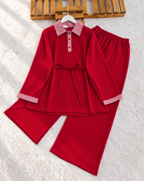 PESSE EKOSE GARNİLİ PATLI TUNİK BOL PANTOLON İKİLİ TAKIM B7-4-10030-03-KIRMIZI - 1