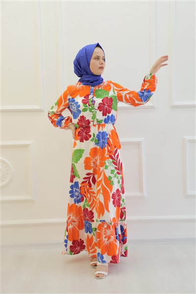 PETUNYA ÇİÇEĞİ DESENLİ PAMUK VİSKON ELBİSE B11-4--2146-15-ORANJ - 1