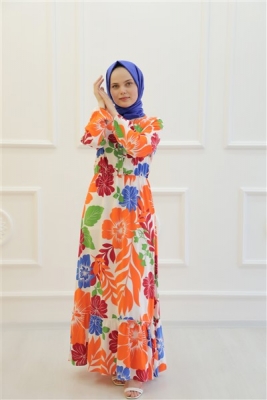 PETUNYA ÇİÇEĞİ DESENLİ PAMUK VİSKON ELBİSE B11-4--2146-15-ORANJ - 2