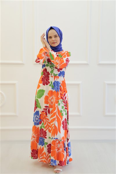 PETUNYA ÇİÇEĞİ DESENLİ PAMUK VİSKON ELBİSE B11-4--2146-15-ORANJ - 2