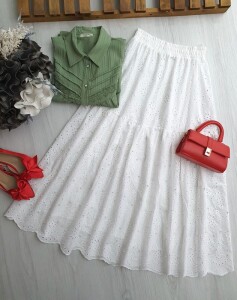 PEVA GÜPÜRLÜ BELİ LASTİKLİ ASTARLI ETEK A8-2-6063-20-BEYAZ - 