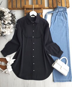 PİNME YAKA VE ÖN İNCE GÜPÜRLÜ GÖMLEK TUNİK C2-5542-01-SİYAH - 1