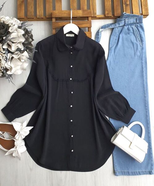 PİNME YAKA VE ÖN İNCE GÜPÜRLÜ GÖMLEK TUNİK C2-5542-01-SİYAH - 1