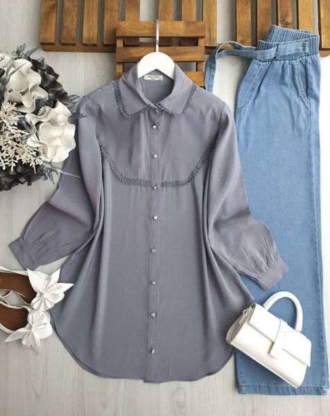 PİNME YAKA VE ÖN İNCE GÜPÜRLÜ GÖMLEK TUNİK C2-5542-26-GRİ - 1