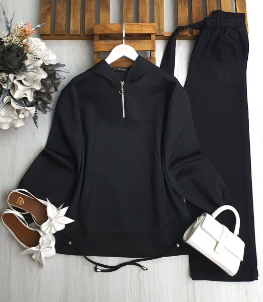 PİVES ALTI İPLİ YARIM FERMUARLI CEPLİ RAHAT KALIP TUNİK 5643-01-SİYAH - 1