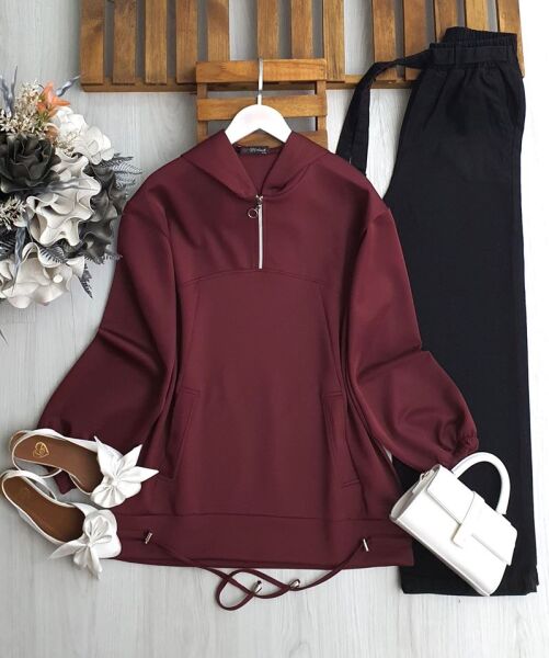 PİVES ALTI İPLİ YARIM FERMUARLI CEPLİ RAHAT KALIP TUNİK B4-4-5643-04-BORDO - 1