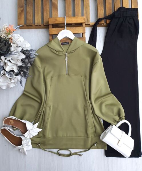 PİVES ALTI İPLİ YARIM FERMUARLI CEPLİ RAHAT KALIP TUNİK 5643-09-HAKİ - 1