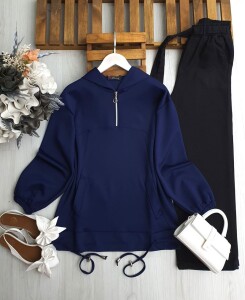 PİVES ALTI İPLİ YARIM FERMUARLI CEPLİ RAHAT KALIP TUNİK 5643-12-LACİVERT - 