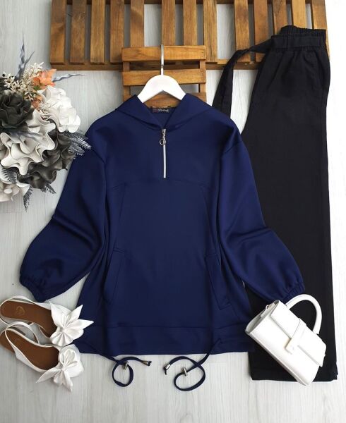 PİVES ALTI İPLİ YARIM FERMUARLI CEPLİ RAHAT KALIP TUNİK 5643-12-LACİVERT - 1