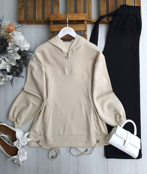 PİVES ALTI İPLİ YARIM FERMUARLI CEPLİ RAHAT KALIP TUNİK 5643-34-BEJ - 1