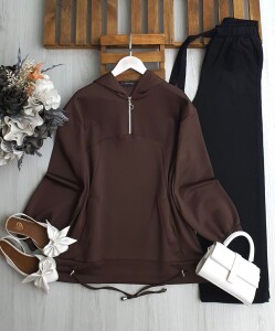 PİVES ALTI İPLİ YARIM FERMUARLI CEPLİ RAHAT KALIP TUNİK 5643-37-KAHVE - 