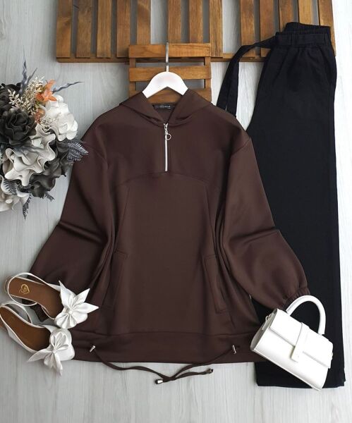 PİVES ALTI İPLİ YARIM FERMUARLI CEPLİ RAHAT KALIP TUNİK 5643-37-KAHVE - 1