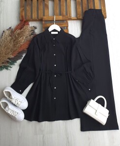 PLESY ÖN VE KOL NEVRULU BELİ İPLİ GÖMLEK TUNİK B2-5 -5655-01-SİYAH - 1