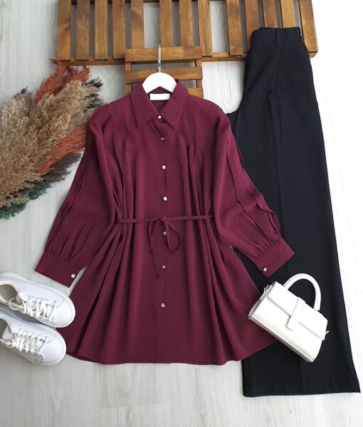 PLESY ÖN VE KOL NEVRULU BELİ İPLİ GÖMLEK TUNİK B2-5-5655-04-BORDO - 1