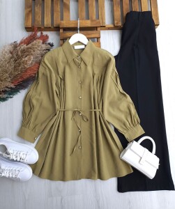 PLESY ÖN VE KOL NEVRULU BELİ İPLİ GÖMLEK TUNİK 5655-07-YEŞİL - 