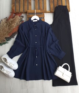 PLESY ÖN VE KOL NEVRULU BELİ İPLİ GÖMLEK TUNİK B2-5-5655-12-LACİVERT - 1