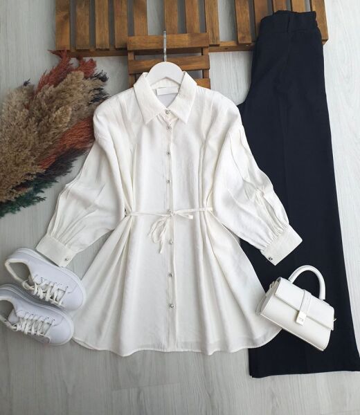 PLESY ÖN VE KOL NEVRULU BELİ İPLİ GÖMLEK TUNİK B2-5-5655-20-BEYAZ - 1