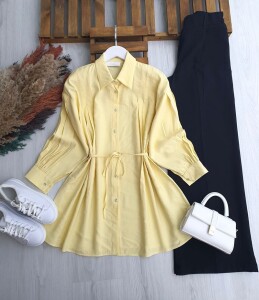 PLESY ÖN VE KOL NEVRULU BELİ İPLİ GÖMLEK TUNİK B2-5-5655-23-SARI - 1