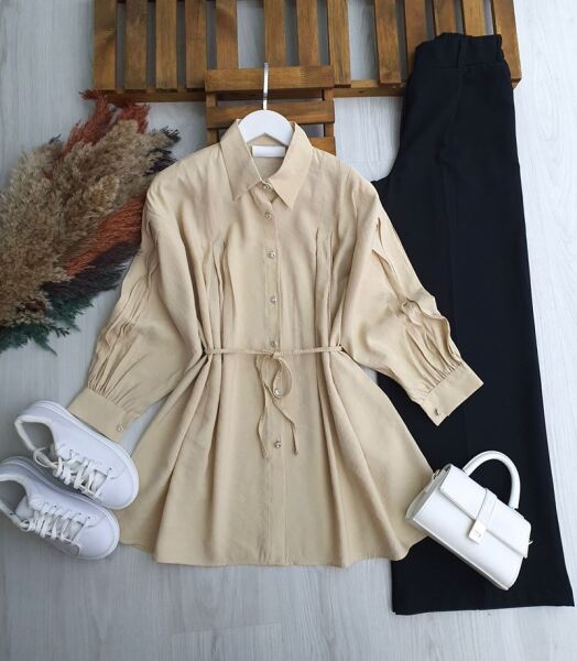 PLESY ÖN VE KOL NEVRULU BELİ İPLİ GÖMLEK TUNİK B2-5-5655-34-BEJ - 1