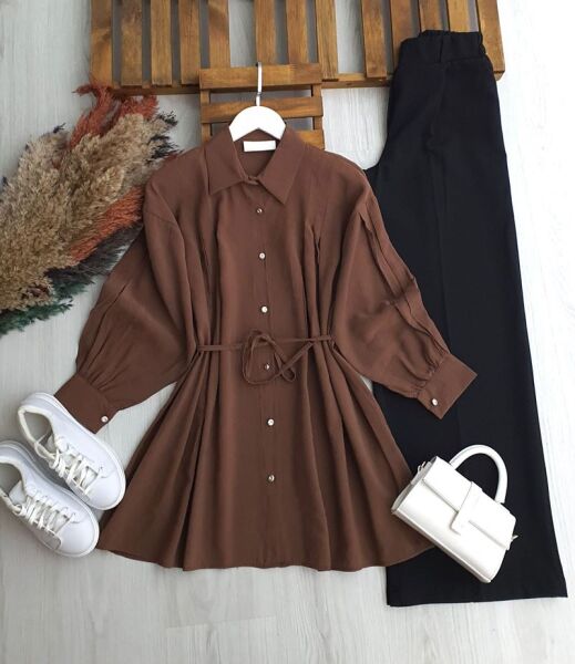 PLESY ÖN VE KOL NEVRULU BELİ İPLİ GÖMLEK TUNİK B2-5-5655-37-KAHVE - 1