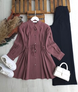 PLESY ÖN VE KOL NEVRULU BELİ İPLİ GÖMLEK TUNİK 5655-61-ROSE - 