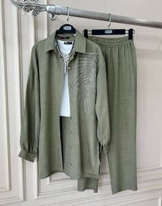 POA YAPRAK TAŞ İŞLEMELİ KETEN İKİLİ TAKIM C13-1458-09-HAKİ - 