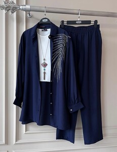 POA YAPRAK TAŞ İŞLEMELİ KETEN İKİLİ TAKIM C13-1458-12-LACİVERT - 