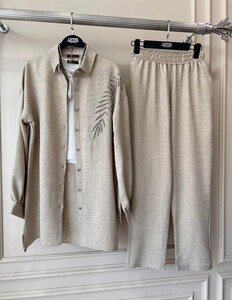 POA YAPRAK TAŞ İŞLEMELİ KETEN İKİLİ TAKIM C13-1458-34-BEJ - 