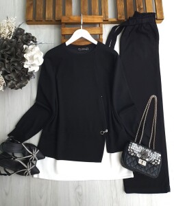 PONİL FERMUAR DETAYLI BEYAZ GARNİLİ TUNİK 5642-01-SİYAH - 