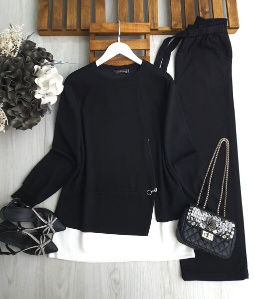 PONİL FERMUAR DETAYLI BEYAZ GARNİLİ TUNİK 5642-01-SİYAH - 1