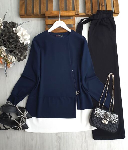 PONİL FERMUAR DETAYLI BEYAZ GARNİLİ TUNİK 5642-12-LACİVERT - 1