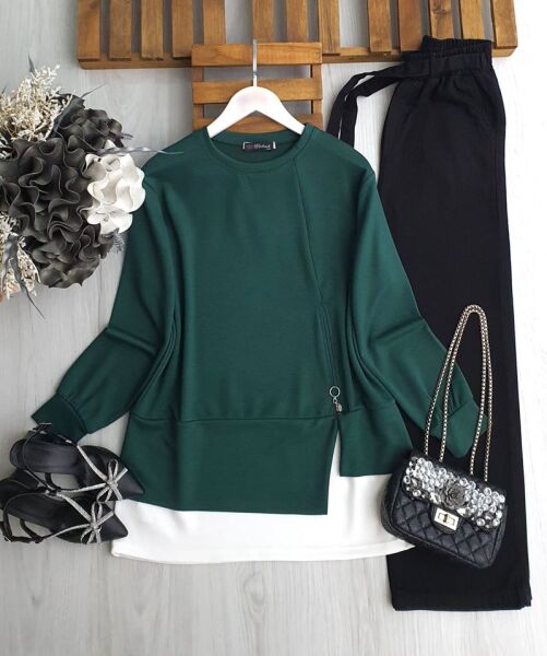 PONİL FERMUAR DETAYLI BEYAZ GARNİLİ TUNİK 5642-27-ZÜMRÜT - 1