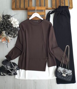 PONİL FERMUAR DETAYLI BEYAZ GARNİLİ TUNİK 5642-37-KAHVE - 