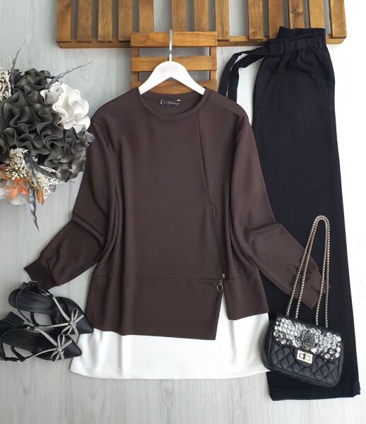 PONİL FERMUAR DETAYLI BEYAZ GARNİLİ TUNİK 5642-37-KAHVE - 1