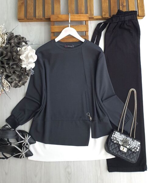 PONİL FERMUAR DETAYLI BEYAZ GARNİLİ TUNİK 5642-58-FÜME - 1