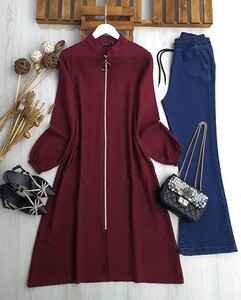 POQE HAKİM YAKA FERMUARLI TAM BOY KETEN KAP B4-5-5343-04-BORDO - 