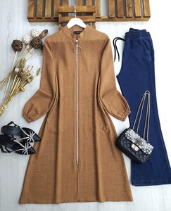 POQE HAKİM YAKA FERMUARLI TAM BOY KETEN KAP B4-5-5343-48-BİSKÜVİ - 