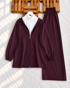 PUBE TORBA CEPLİ ÖNÜ FERMUARLI KAP BOL PANTOLON İKİLİ TAKIM B5-2-10015-18-MÜRDÜM - 